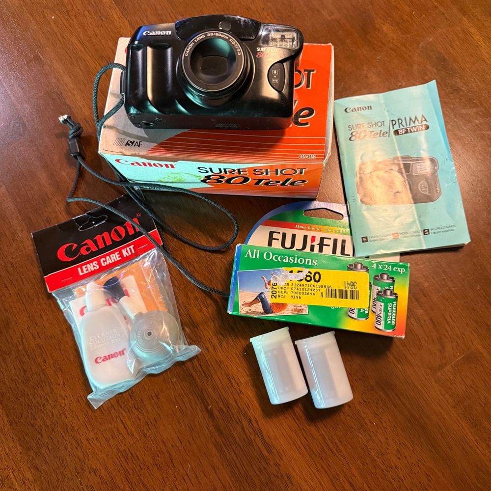 Canon Sure Shot 80 Tele 35mm Film Camera Bundle with Box Manual Film & Care Kit